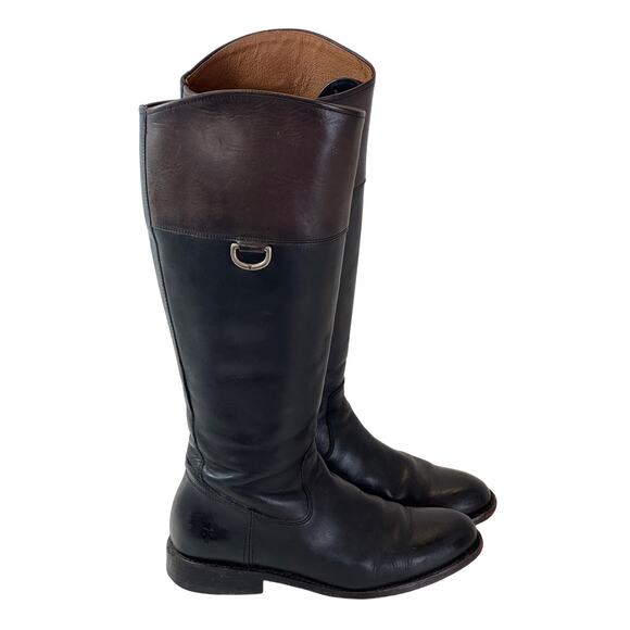 Frye Jayden D Ring Tall Riding Boots Womens 7B Black Brown Two Tone Leather Zip - Picture 1 of 14